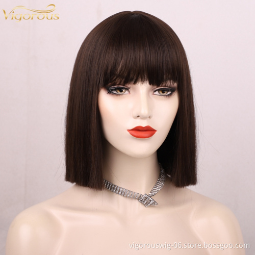 Hot Seling Bob Cheap Good Short Cut Straight Synthetic Hair Wig With Bang No Lace Heat Resistant For Black Women